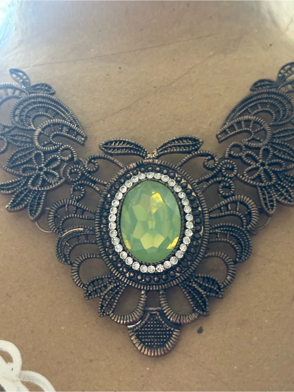 Source Unknown Green Center Filigree Statement Necklace with Clear Accents